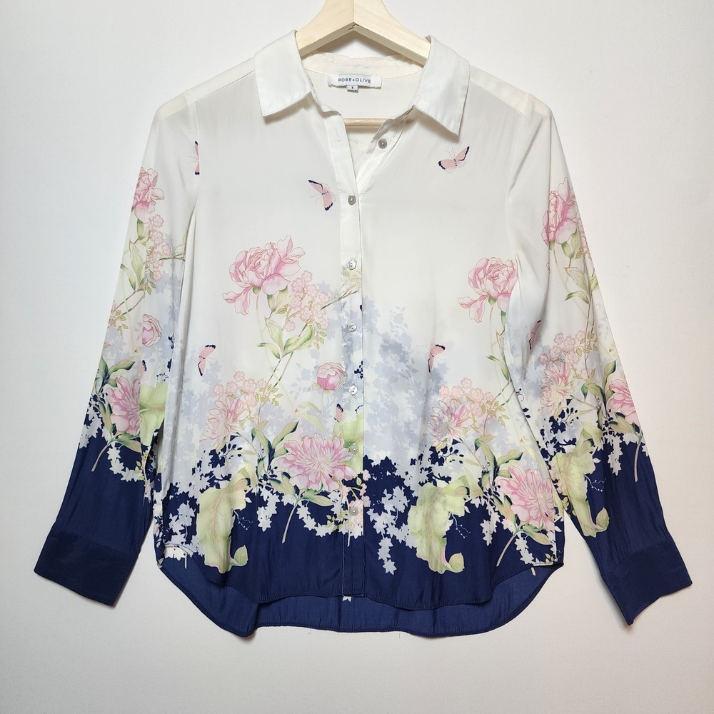 Rose & Olive White Floral Button-Up Blouse with Navy Hem